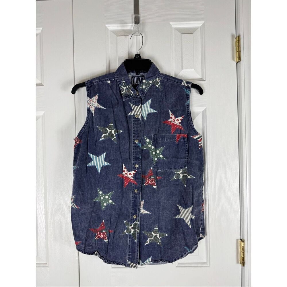 Quizz Womens Vintage Star Print Sleeveless Denim Shirt Size M